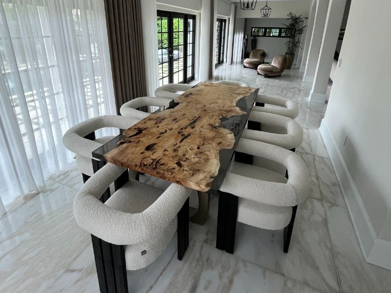Poplar burl dining table live edge luxury home West Palm Beach Florida